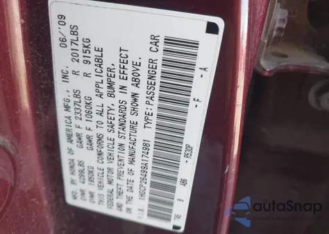 2009 Honda Accord 2.4 Lx-P z USA, uszkodzony, nr VIN 1HGCP26499A174981